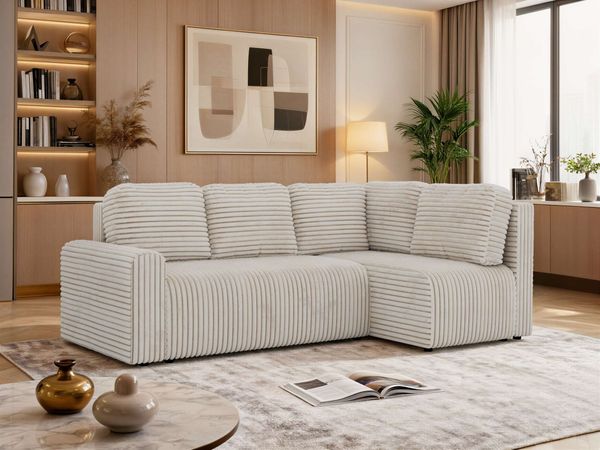 Eckcouch NESSARO COR L mit Schlaffunktion, L-förmiges Sofa mit DL-System, Bettkasten, Bonellfederkern, Sofa mit Stauraum - Beige Cord - Rechts Seite