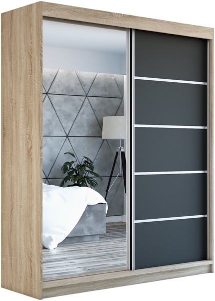 Schwebetürenschrank GAP 2-türig Schrank 180 cm (mit Spiegel) Farbe: Sonoma , schwarz