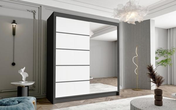 Schwebetürenschrank Harry III 180 cm mit Spiegel - Kleiderschrank, Schiebetürenschrank mit Kleiderstange und Einlegeboden, Schlafzimmerschrank, Schiebetüren - 180x215x58 cm (Schwarz/Weiß)