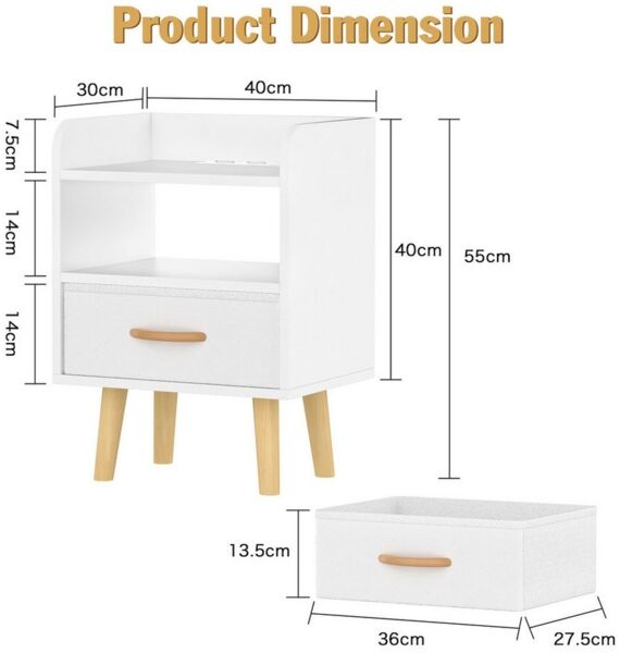 JEOBEST Nachttisch Nachtschrank Nachtkommode mit 1 Schublade und 2 Offenem Fach, (1-St) Skandinavischer Stil Weiß Nachtkästchen 40x30x61cm