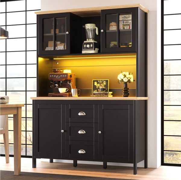 Flieks Küchenbuffet mit LED-Beleuchtung, Schubladen und Glastüren in Retro-Stil (1-St, B120/T40/H179 cm) Hochschrank Küchenschrank Geschirrschrank mit verstellbare Ablagen