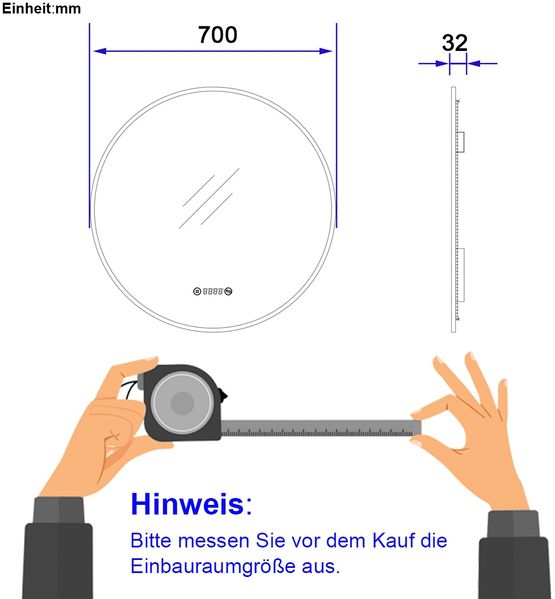 EMKE LED Badspiegel ф70cm Gebürstetem Goldrahmen, Beschlagfrei, Uhr, Temperatur, Dimmbar, Memory-Funktion Neutrales Licht Wandspiegel Bild 7