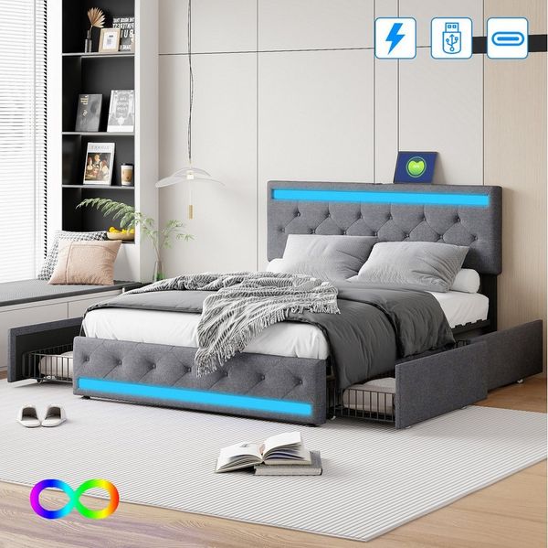 PXloue Polsterbett Doppelbett 180x200 cm, Jugendbett, mit LED-Beleuchtung und USB/Type-C Anschlüssen, 180x200 cm