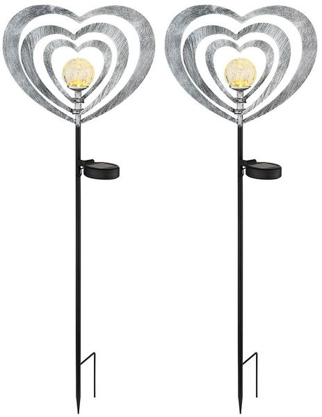2x LED Solarleuchte, Glas, schwarz, silbergrau, Herz, H 82cm