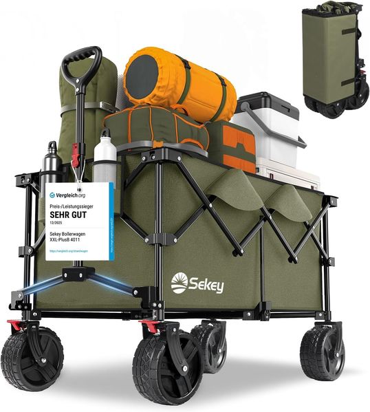 Sekey XXL Plus All Terrain Bollerwagen Faltbar mit Bremsen und 17x8 cm Extra Breite Reifen, Transportwagen 200L 200KG Belastbar, Grün
