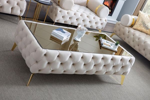 Xlmoebel Couchtisch Chesterfield Tisch Weiß Edelstahl Modern Rechteckig Textil, Made in Europa