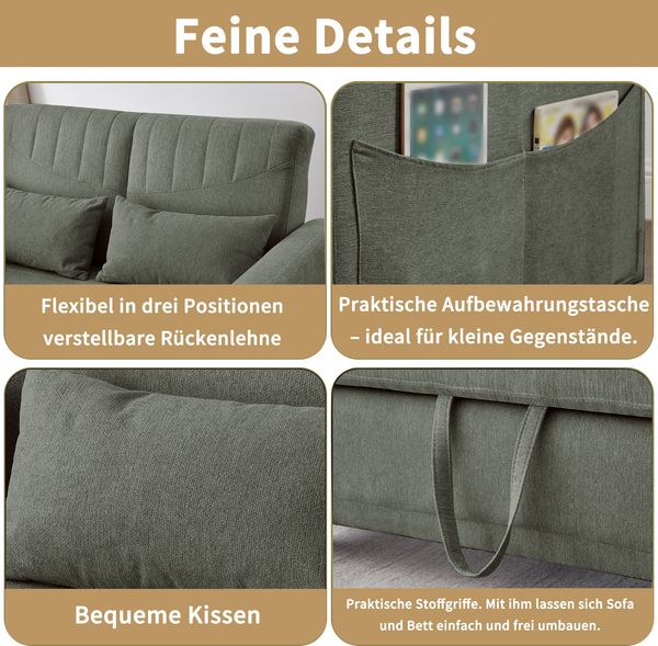 Merax Sofabett mit Schlaffunktion, Zweisitzer-Klappsofa, ausziehbares Design, dreistufig verstellbare Rückenlehne, atmungsaktiver Baumwoll-Leinen-Stoff, Armeegrün Bild 7