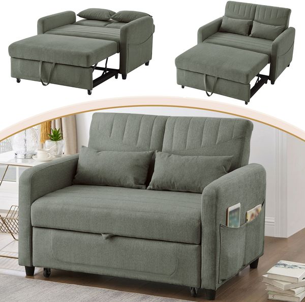 Merax Sofabett mit Schlaffunktion, Zweisitzer-Klappsofa, ausziehbares Design, dreistufig verstellbare Rückenlehne, atmungsaktiver Baumwoll-Leinen-Stoff, Armeegrün Bild 2