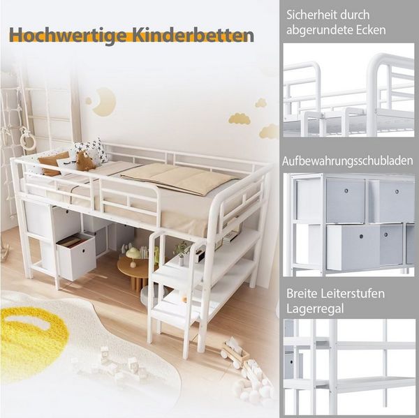 REDOM Kinderbett mit Stauraum, breiter Treppe und abgerundeten Kanten (Eisenbett Einzelbett, Hochbett 90x200 cm), ohne Matratze