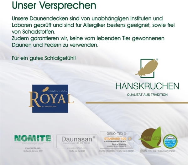 Hanskruchen Royal Luxus Daunendecke, Leicht, Baumwolle, 240x220 cm Bild 7