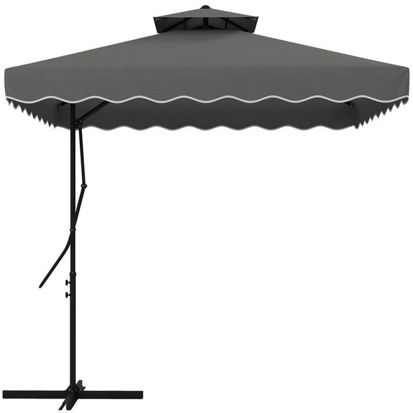 Outsunny Sonnenschirm 243 x 243 cm Ampelschirm mit Doppeldach, Kreuzfuß, UV-Schutz, LxB: 243x243 cm, Balkonschirm, Terrassenschirm, mit 4 Rüschen, Streben, für Garten, Metall, Dunkelgrau