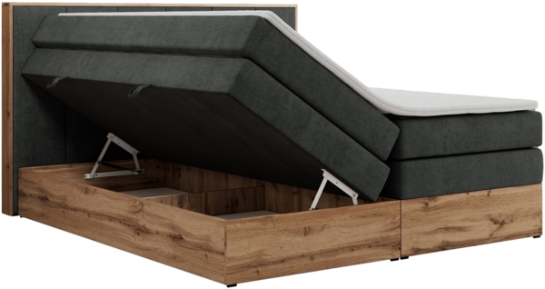 Boxspringbett, Doppelbett mit zwei 7 Härtezonen Multipocket-Matratzen, Bettkästen, Eiche Wotan Holzrahmen, Polsterbett mit Topper-Matratze - ALBERO 1 KING - 200 x 200 cm - Dunkelgrau Stoff - H4 Bild 5
