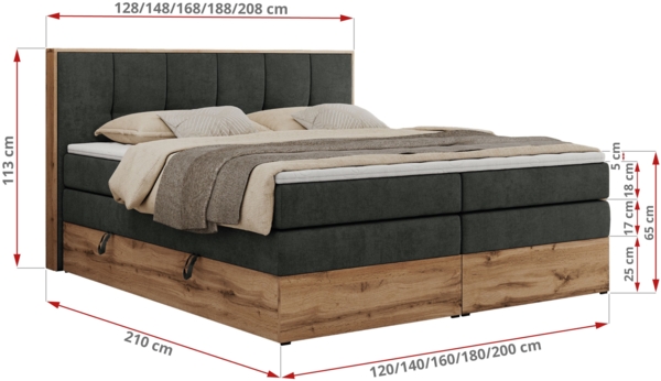 Boxspringbett, Doppelbett mit zwei 7 Härtezonen Multipocket-Matratzen, Bettkästen, Eiche Wotan Holzrahmen, Polsterbett mit Topper-Matratze - ALBERO 1 KING - 200 x 200 cm - Dunkelgrau Stoff - H4 Bild 6