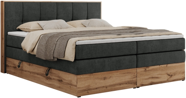 Boxspringbett, Doppelbett mit zwei 7 Härtezonen Multipocket-Matratzen, Bettkästen, Eiche Wotan Holzrahmen, Polsterbett mit Topper-Matratze - ALBERO 1 KING - 200 x 200 cm - Dunkelgrau Stoff - H4 Bild 4