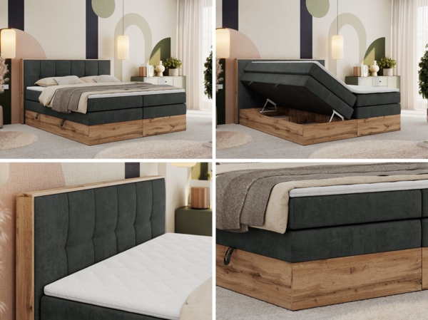 Boxspringbett, Doppelbett mit zwei 7 Härtezonen Multipocket-Matratzen, Bettkästen, Eiche Wotan Holzrahmen, Polsterbett mit Topper-Matratze - ALBERO 1 KING - 200 x 200 cm - Dunkelgrau Stoff - H4 Bild 2