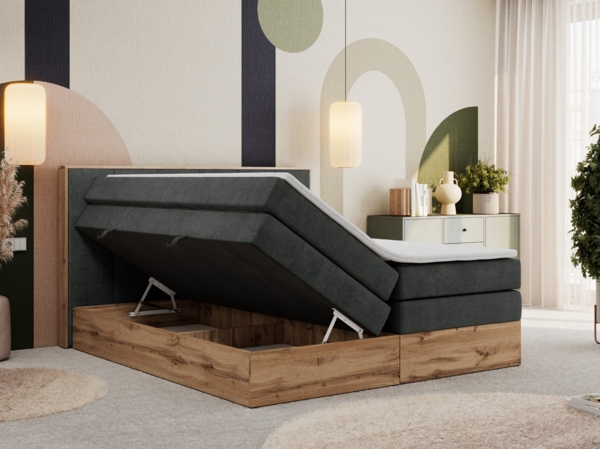 Boxspringbett, Doppelbett mit zwei 7 Härtezonen Multipocket-Matratzen, Bettkästen, Eiche Wotan Holzrahmen, Polsterbett mit Topper-Matratze - ALBERO 1 KING - 200 x 200 cm - Dunkelgrau Stoff - H4 Bild 3