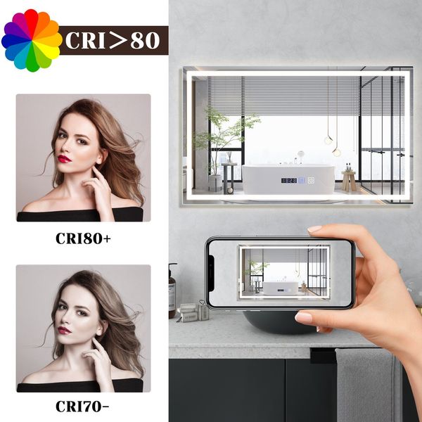 ZMH Beleuchteter Badezimmerspiegel - 100x60 cm LED, IP44, Touch-Schalter, Antibeschlag-Uhr, einstellbar Bild 8