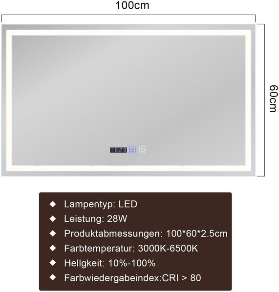 ZMH Beleuchteter Badezimmerspiegel - 100x60 cm LED, IP44, Touch-Schalter, Antibeschlag-Uhr, einstellbar Bild 4