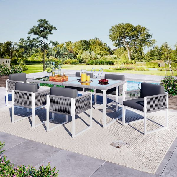Merax 6-Personen-Garten-Essgruppe mit Sesseln, Gartenlounge-Set, Rope-Essgruppe, Gartenmöbel, abnehmbarer und waschbarer Stoffbezug, Grau
