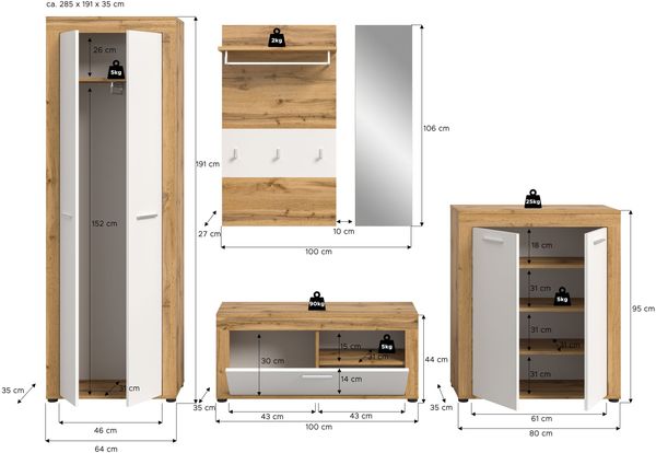xonox. home Garderobe Jam X8BK6G02 Garderobenkombination Garderoben-Set in Wotan Eiche Nb, weiß, ca. 285 x 191 x 35 cm Bild 4