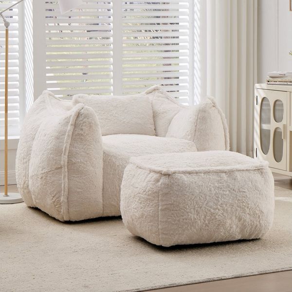 Vankel Sofa Sofas Wohnzimmer Loungesessel mit Hocker aus Kunstfell weich, Bean Bag Sessel mit Fußhocker, Schaumstofffüllung & Komfort