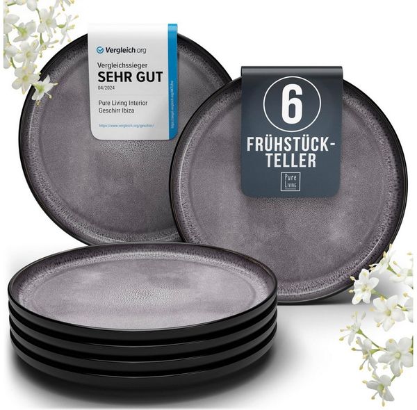 Steingut Frühstücksteller 6 Pers. Ibiza Hochwertiges Mediterranes TEST SEHR GUT Dessertteller Set - Kuchenteller spülmaschinen- und kratzfest - Kleine Teller, Salatteller Pure Living in Grau