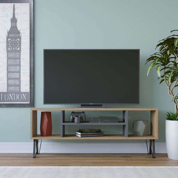 Hanah Home Stylish TV Stand with Wall-Mount Option, Oak & Anthracite, 120 x 25 x 46.6 cm | 100% Melamine Coated Particle Board, 18 mm Thick | Multiple Shelves for Modern Living Rooms