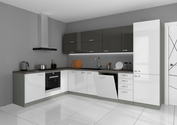 Küche Bianca Ecke V 210x330 Küchenzeile Hochglanz Weiss + Grau Küchenblock Grey