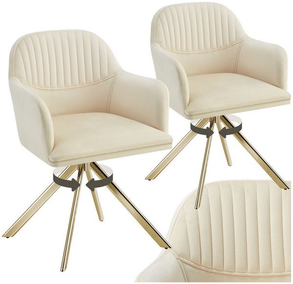tectake Esszimmerstuhl Samt-Drehstuhl gepolstert, mit durchgehender Lehne, 56 x 59 x 81 cm (Bürostuhl Lona in creme/gold, 2 St), 360° drehbar, schlanke Stahlbeine, bodenschonend, Belastbarkeit 120 kg