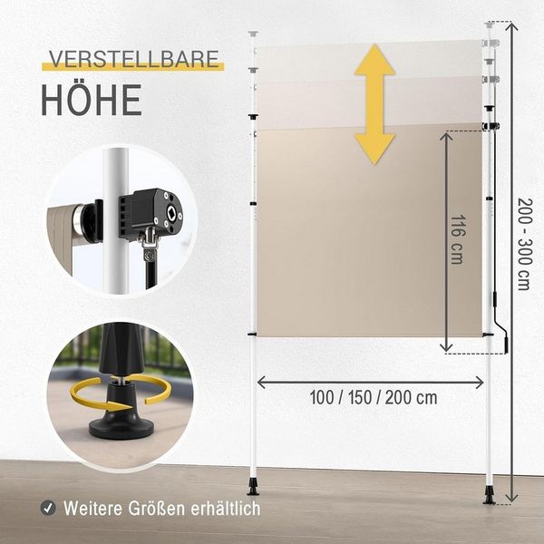 Sol Royal Markise Klemmmarkise Senkrechtmarkise außen SolVision KM5, 100x310cm, Beige Markise ohne Bohren Windschutz Garten Handkurbel Wasserdicht