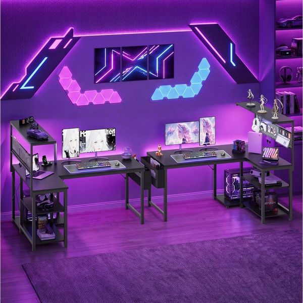 YOUDENOVA Gamingtisch Gaming Schreibtisch L Form 120x80cm mit LED Steckdose Regal Schwarz (1-St)