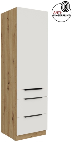 Küchen Hochschrank 60 cm Küche ARIA Weiss ultra matt + Eiche Artisan matt, hochwertige Fronten mit Anti Fingerprint Beschichtung, Soft-Close Küchenzeile Küchenblock