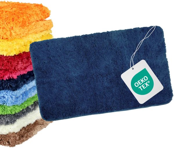 WohnDirect Badezimmerteppich 50x80 cm Dunkelblau – Badematte Flauschig & rutschfest für Dusche & Badewanne, Saugstarker Badvorleger Mikrofaser, Waschbar & Fußbodenheizung