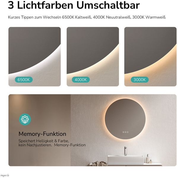 EMKE LED Badspiegel mit Beleuchtung Touch Beschlagfrei 3 Lichtfarbe Dimmbar Wandspiegel ф50cm Rund Bild 3