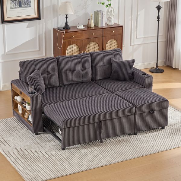 Mehrfunktionales Sofa, Stauraum und Ausziehbett, USB-C, Ambientebeleuchtung, Getränkehalter und breite Armlehnen, Cordbezug