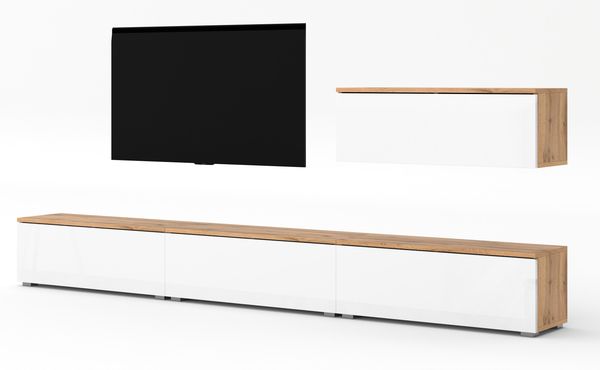 AX LIVING Anbauwand Loriano IV Wohnwand Eiche Wotan/weiß Hochglanz 300