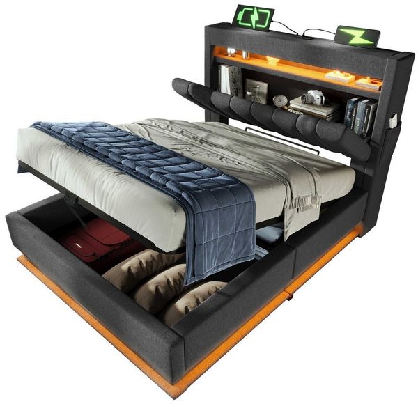 BlingBin Polsterbett Stauraumbett (1-tlg, hydraulischem Stauraum und Regal im Kopfteil, ohne Matratze), 90x200 cm mit LED-Beleuchtung, USB- & Typ-C-Ladefunktion