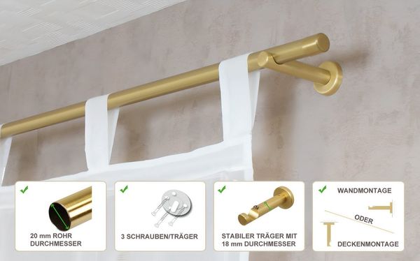 iso-design Gardinenstange Messing Matt 20 mm Endstück Kappe Wand- oder Deckenmontage, Ø 20 mm, 1-läufig, Fixmaß, verschraubt, Aluminium, Mit Metallsäge beliebig kürzbar