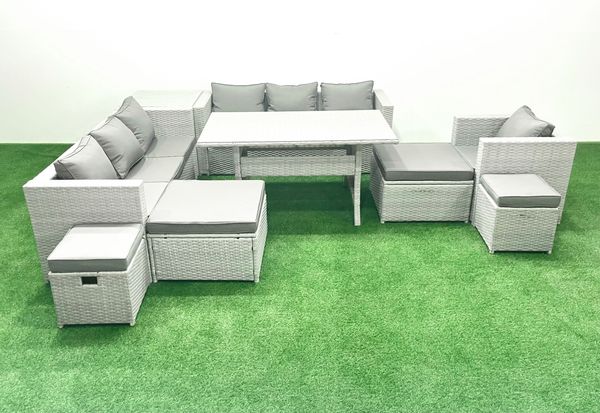 Fimous Rattan Gartenmöbel Essgarnitur 11 Sitzer Lounge Sofa Stuhl Esstisch Set mit 4 Hockern Beistelltisch Hellgrau gemischt