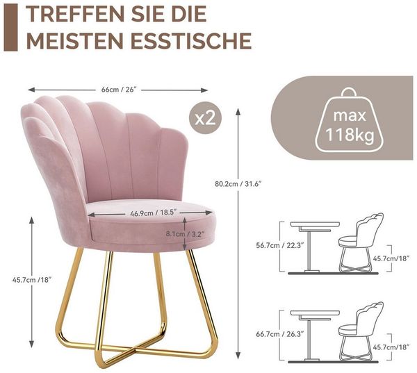 HawthyHome Polsterstuhl Polstersessel mit Blütenblatt-Rückenlehne & Goldene Metallbeine (2 St), ideal für Esszimmer & Schminktisch