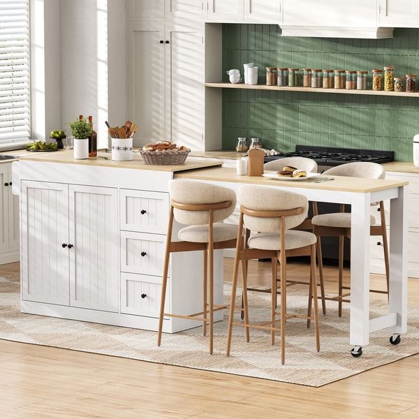 BlingBin Bartisch Kücheninsel auf Rollen, Küchenwagen mit Ausziehbarer Essbereich (1er Set, 1-St, Produktgroße: 112-186.8 × 45 × 93 cm, Gewichtskapazität: 60KG), Mobile Kücheninsel mit Schubladen, Ideal für Küche und Esszimmer, Weiß