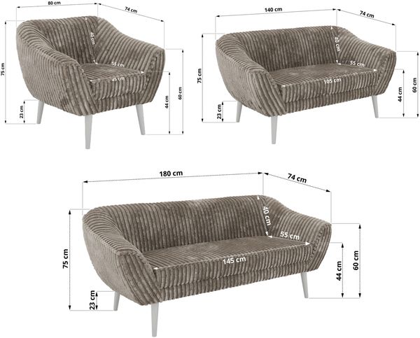 Wohnzimmerset PIRS 1-2-3, Skandinavisches Komplettset, Wellenfederung, weiße Füße, Sitzgruppe, Möbelset - Hellbraun Cord Bild 5