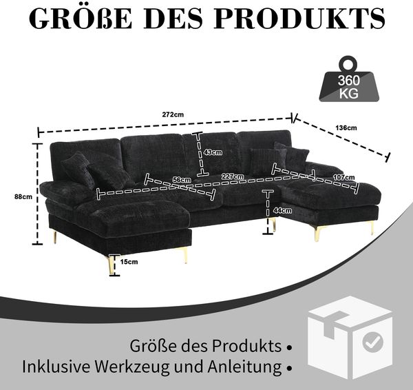 Ecksofa U-Form 272x136x88 cm, Schwarz, Chenille, mit 2 Liegeflächen und Metallfüßen Bild 5