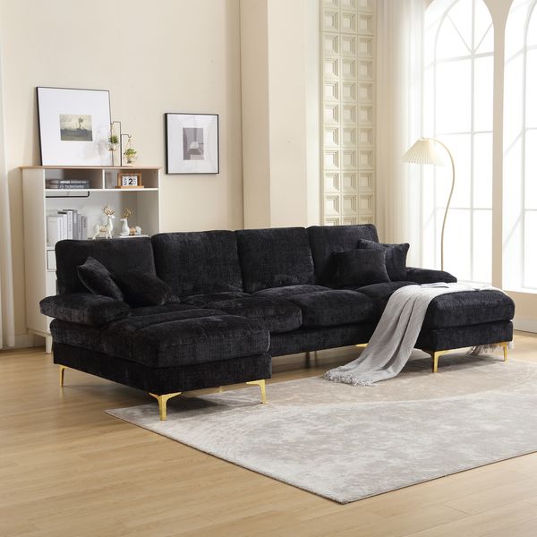Ecksofa U-Form 272x136x88 cm, Schwarz, Chenille, mit 2 Liegeflächen und Metallfüßen