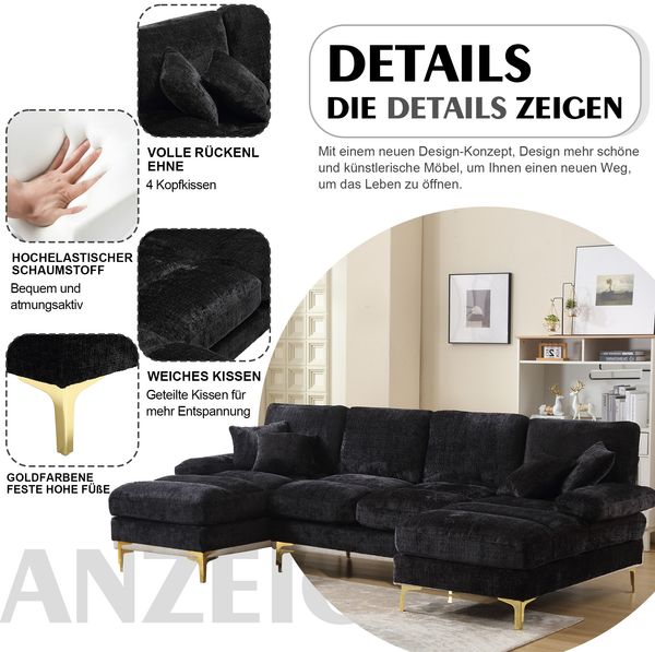 Ecksofa U-Form 272x136x88 cm, Schwarz, Chenille, mit 2 Liegeflächen und Metallfüßen Bild 9