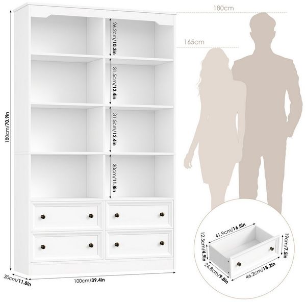 Homfa Bücherregal 180 cm Bücherschrank Hochschrank Mehrzweckschrank Standregal, mit 4 Schubladen und 8 Fächer groß holz 180x30x100cm, weiß