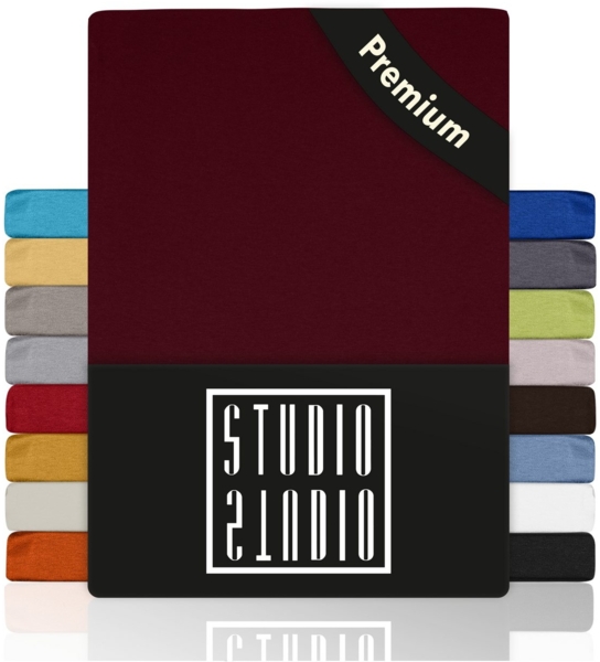 STUDIO Spannbettlaken Classic, viele Größen, 100% Baumwolle, made in GREEN / EU, Jersey Baumwolle, Gummizug: rundum, 120x200-130x200 cm Bettlaken Spannbetttuch bis 25 cm Höhe - bordeaux