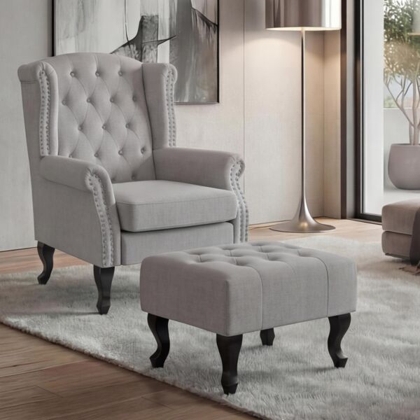Sessel Chesterfield, Relaxsessel Clubsessel Ohrensessel, wasserabweisend Stoff/Textil ~ grau mit Ottomane