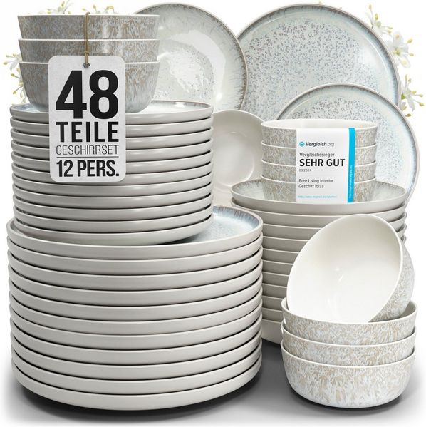 PURE LIVING INTERIOR DESIGN Geschirr-Set Pure Living »Ibiza« (48-tlg), 12 Personen, Steingut, Beige, 12 Personen, Steingut, Mediterrane Handwerksoptik, Reaktive Glasur – jedes Stück einzigartig…