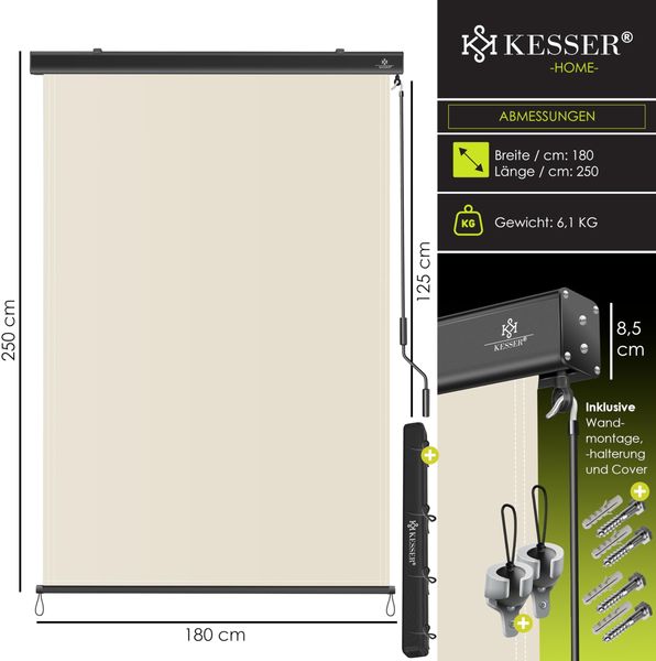 KESSER® Senkrechtmarkise Außenrollo Handkurbelmechanismus Balkonrollo Sonnen & Sichtschutz Beschattung Sonnenschutz Außen Rollo mit Kurbel Markisenkasten Balkon & Terrasse Inkl. Montageset & Abdeckung Beige, 180 x 250cm Bild 7